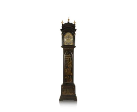 A GEORGE II CHINOISERIE LACQUERED LONGCASE CLOCK, the 12" brass arched dial with subsidiary seconds dial and date aperture, t