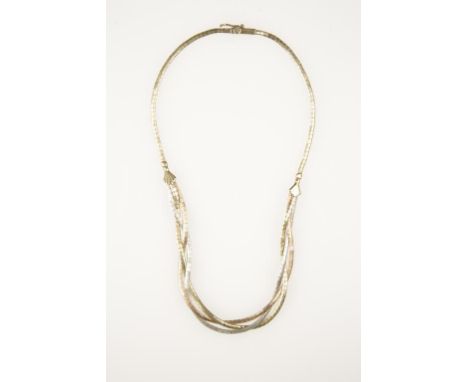 A 9CT TRI-COLOURED GOLD NECKLACE comprising three tri-coloured gold box-link chains entwined and terminating in a single yell