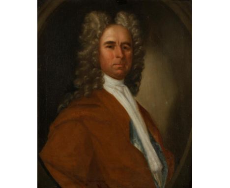 ENGLISH SCHOOL, 17th century A bust-length portrait of a gentleman wearing a curling wig, white neck piece and red jacket, pa