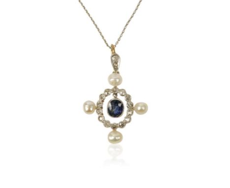 A SAPPHIRE, DIAMOND AND PEARL PENDANT NECKLACE, the oval-cut sapphire suspended in an open-work diamond frame set with four w