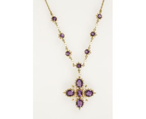AN AMETHYST AND PEARL NECKLACE comprising five oval-cut amethysts claw-set in yellow gold, interspersed by four pearls, attac