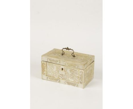 A CHINESE EXPORT MOTHER OF PEARL TEA CADDY, the hinged lid and sides decorated with blind fret pierced figural and foliate pa