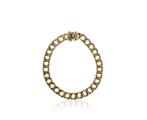 A YELLOW GOLD CURB LINK BRACELET, with concealed clasp and safety chain, the clasp stamped "750", c.18cms long, (c.34.4gms)