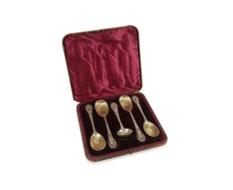 A VICTORIAN SILVER CASED FRUIT SERVING SET, comprising; four serving spoons and a sifting ladle, the stems cast and pierced w