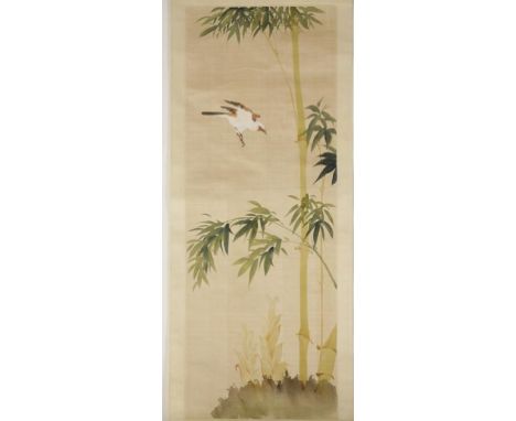 A CHINESE SILK PAINTING of a bird flying towards bamboo shoots with leaves, on a scroll, 33" high overall
