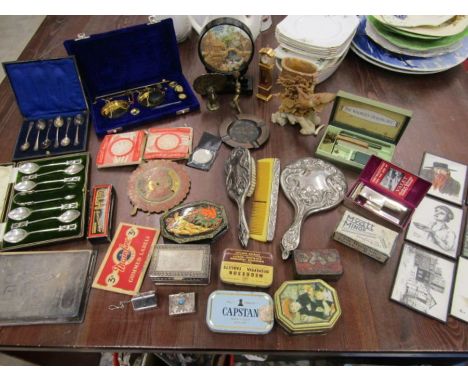 A collectors lot inc vintage razors, set Ross Craig  pictures, cork picture, vintage tins, onyx vase, boxed cutlery, harmonic