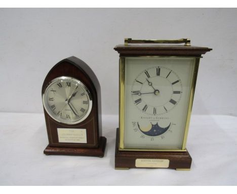 Knight &amp; Gibbons wood case carriage clock and wooden gothic style clock, both battery operated and both have inscribed pl