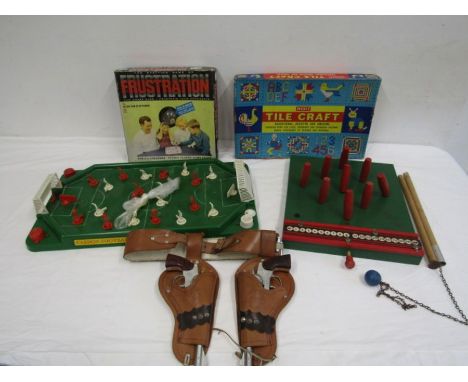 Triang skittle game,Vintage games, soccer game and guns with holster