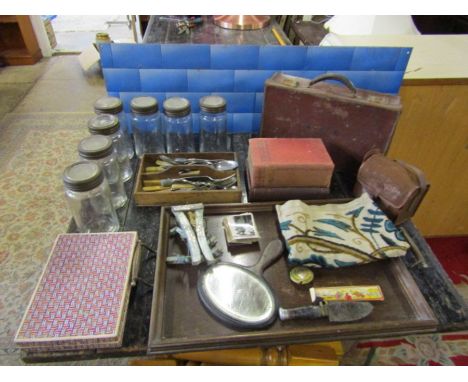 Collectors lot including suitcase, jars, cutlery and vintage camera etc 