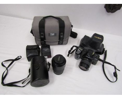 Minolta 7000i camera in bag with Minolta AF 100-300 lens and flash 