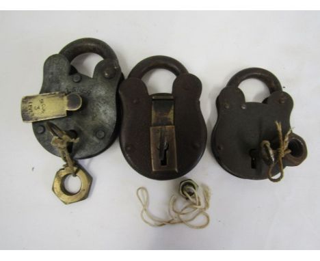 3 heavy vintage  padlocks with makers stamps and keys all open and lock