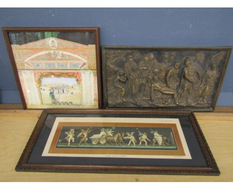 Framed 3d pen, ink and watercolour theatrical scene with a religious plaque and print of Putti