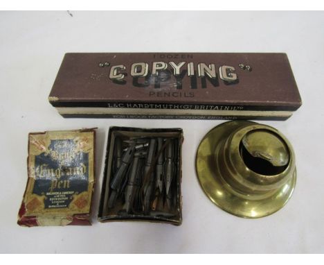 A brass inkwell, boxed vintage unused London &amp;North Eastern railway pencils and a box of nibs