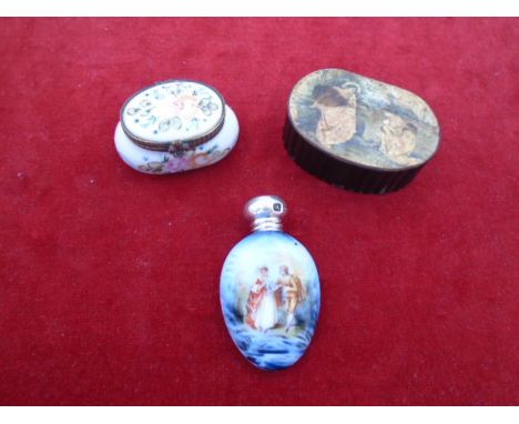 A Silver topped scent bottle hallmarked 1920 Birmingham DL, a paper mache snuff box and a French hand painted porcelain box. 