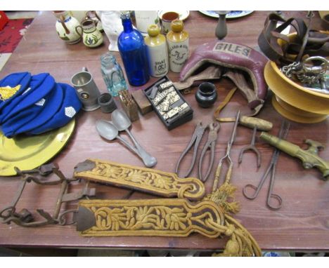 Collectors lot- Norwich stoneware, vintage tools, pewter, brass, vintage steel stamps