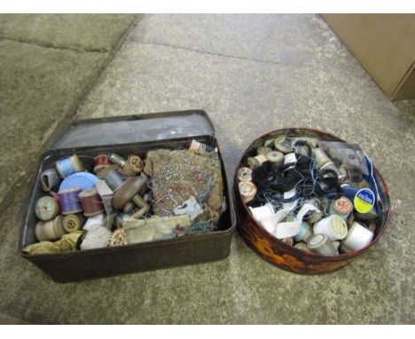 2 Vintage tins containing sewing items including buttons etc 