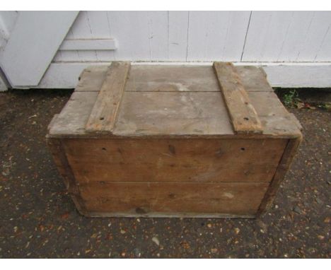 Vintage pine trunk containing oil lamp with cranberry glass shade and broken oil lamp 
