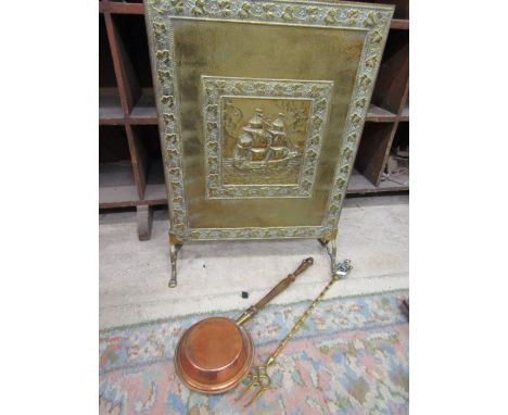 Brass fire screen, Sandringham toasting fork plus copper warming  pan