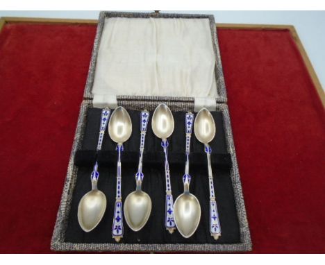 6 Boxed continental silver (950) and enamel spoons 