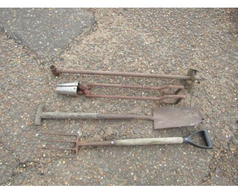 Garden tools including post digger and fork etc 