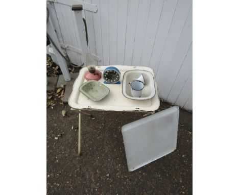 Vintage enamel tray on stand, lamp and clock etc 