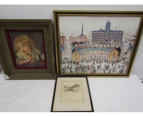 After Lowry print, a print of a public house- pencil signed and a portrait of a victorian boy in heavy gilt frame