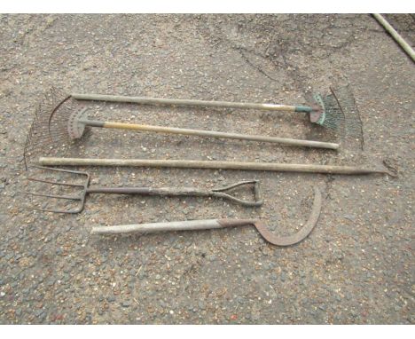 Garden tools including lawn rakes and fork etc 