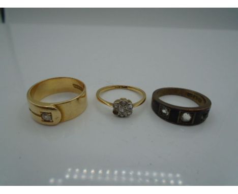 2 gold rings stamped 18ct, gross weight 9.8g and a victorian enamel ring marked 18 CJ 92 some stones missing