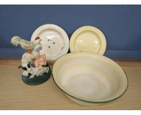Vintage enamel bowl, plates and cast iron door stop 
