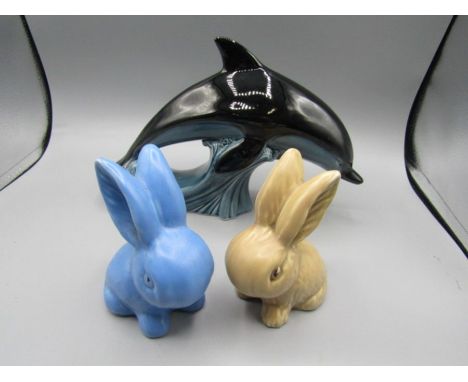 Poole pottery dolphin figure and 2 Sylvac style bunnies