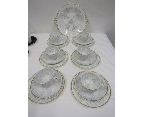 part tea set- white with light blue floral design- cake plates and 6 cups and saucers, 6 side plates