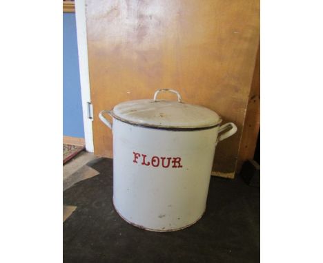 A large vintage enamel flour bin 50cm high and 40cm dia approx