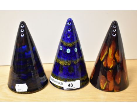 Three Limited Edition Alan Clarke studio pottery (ex Poole pottery) sugar shakers, of conical form, the largest measures 15cm