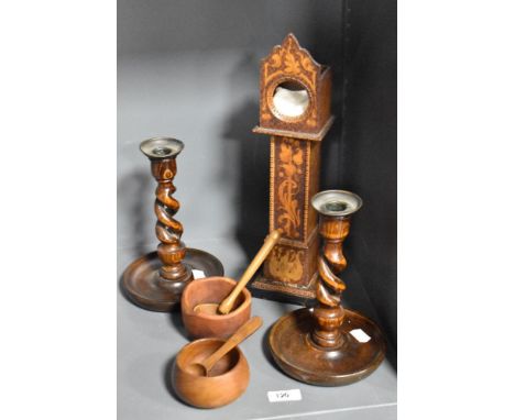 A late 19th Century inlaid pokerwork pocket watch stand, in the form of a longcase clock, measuring 35cm tall, a pair of earl