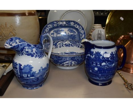Four pieces of blue and white ware including Spode jug and bowl etc.