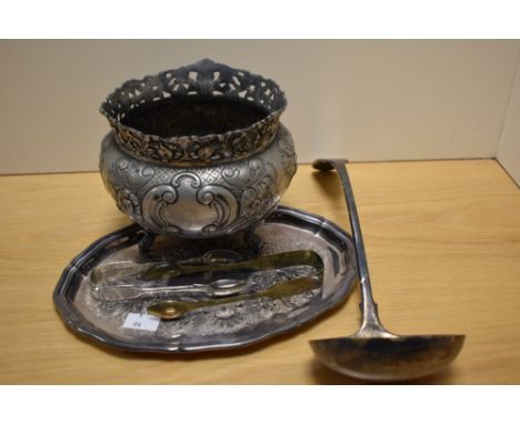 A small selection of plated items including small tray, large ladle and two pairs of sugar tongs ect.
