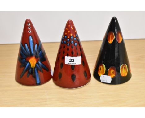 Three Limited Edition Alan Clarke studio pottery (ex Poole pottery) sugar shakers, of conical form, the largest measures 15cm