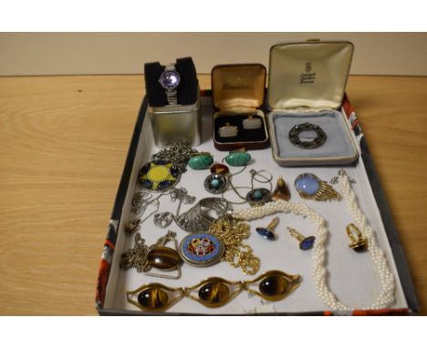 A selection of costume jewellery including cufflinks of various design, necklaces including statement pieces and a silver tri