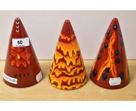 Three Limited Edition Alan Clarke studio pottery (ex Poole pottery) sugar shakers, of conical form, the largest measures 15cm