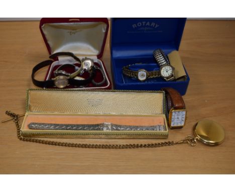 An assortment of wristwatches including a Rotary in original box, a Sekonda, a full hunter Rone pocket watch with rolled gold