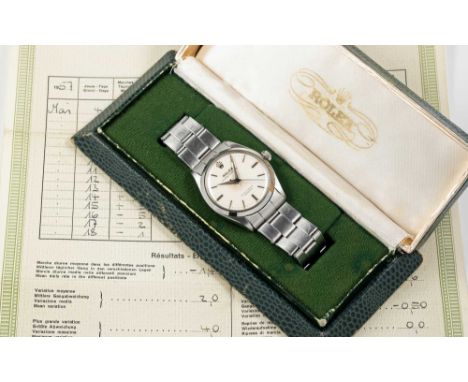 A GENTLEMAN'S STAINLESS STEEL ROLEX OYSTER PERPETUAL BRACELET WATCHDATED 1957, REF. 6564 WITH ORIGINAL BOX & CHRONOMETER CERT