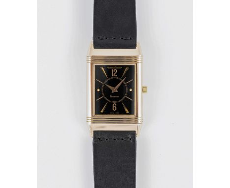 A GENTLEMAN'S SIZE 18K SOLID ROSE GOLD JAEGER LECOULTRE REVERSO CLASSIQUE WRIST WATCHCIRCA 1990s, REF. 250.2.86 WITH BLACK DI