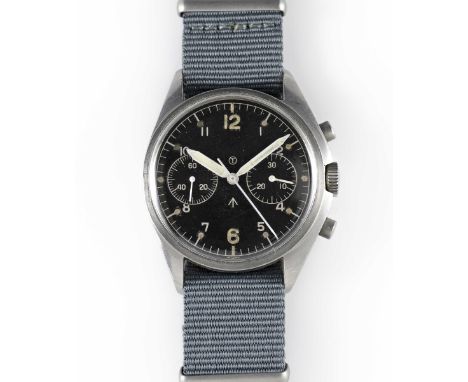 A GENTLEMAN'S STAINLESS STEEL BRITISH MILITARY CWC RAF PILOTS CHRONOGRAPH WRIST WATCHDATED 1974, WITH MOD "STERILE" DIAL, PAR