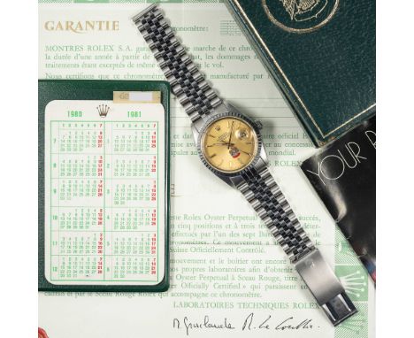 A RARE GENTLEMAN'S STAINLESS STEEL ROLEX OYSTER PERPETUAL DATEJUST BRACELET WATCHCIRCA 1980, REF. 16030 WITH UAE EAGLE LOGO D