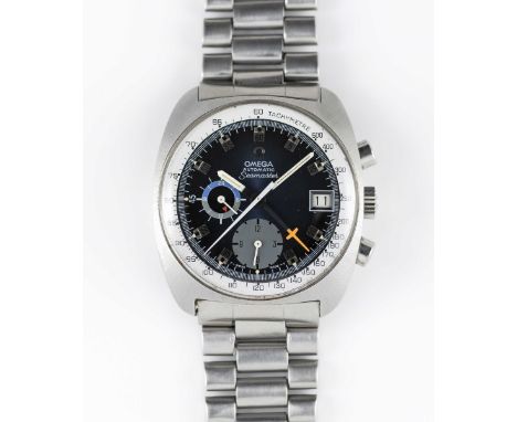 A GENTLEMAN'S STAINLESS STEEL OMEGA SEAMASTER AUTOMATIC CHRONOGRAPH BRACELET WATCHCIRCA 1973, REF. 176.007 WITH BLUE DIAL, AC