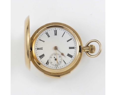 A RARE SMALL SIZE SWISS 18K SOLID GOLD FULL HUNTER QUARTER REPEATER POCKET WATCHCIRCA 1880, ACCOMPANIED BY RETAILERS BOX A.& 