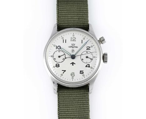 STAINLESS STEEL BRITISH MILITARY LEMANIA SINGLE BUTTON ROYAL NAVY CHRONOGRAPH WRIST WATCH
FIRST SERIES LATER REISSUED WITH WH