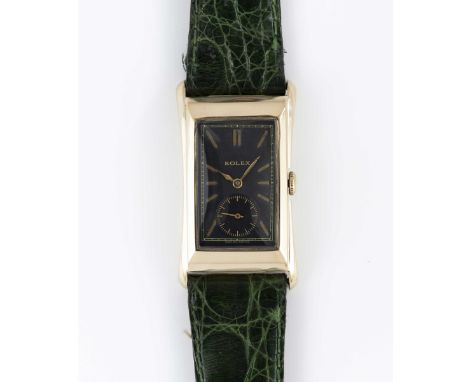 A GENTLEMAN'S 18K SOLID GOLD ROLEX BRANCARD "PRINCE" FLARED RECTANGULAR WRIST WATCHCIRCA 1930s, REF. 2771 WITH REFINISHED DIA