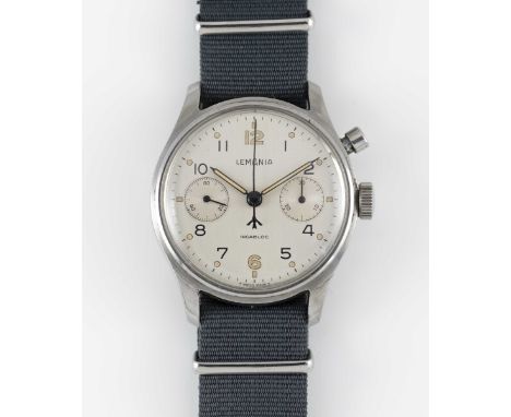 A GENTLEMAN'S STAINLESS STEEL BRITISH MILITARY LEMANIA SINGLE BUTTON ROYAL NAVY CHRONOGRAPH WRIST WATCH CIRCA 1940s, FIRST SE