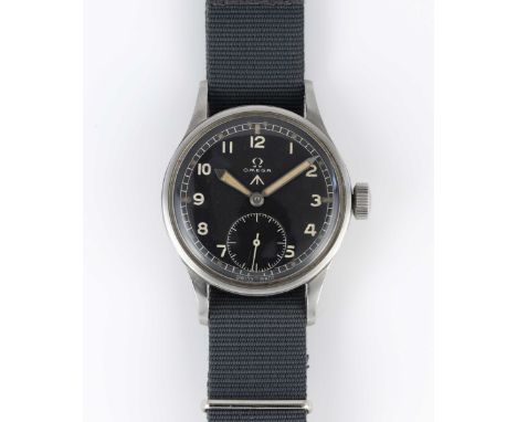 A GENTLEMAN'S STAINLESS STEEL BRITISH MILITARY OMEGA W.W.W. WRIST WATCHCIRCA 1945, PART OF THE "DIRTY DOZEN"Movement: 15J, ma